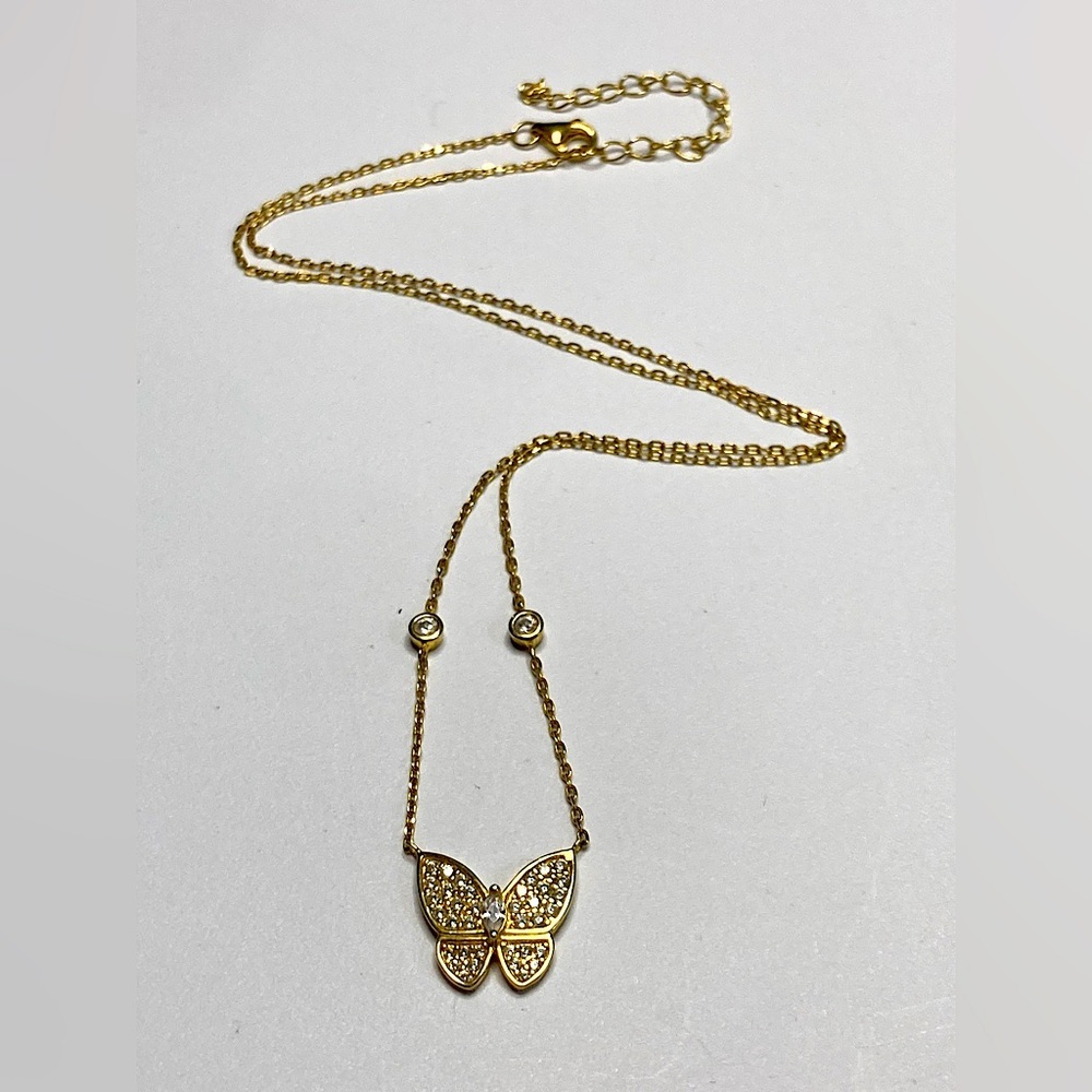 Sterling Silver Yellow Gold Plated Pave Cz Butterfly 925 Necklace | 16” L
